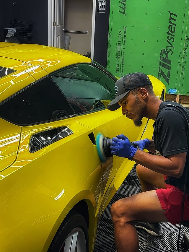 Paint correction on a yellow Chevrolet Corvette before coating